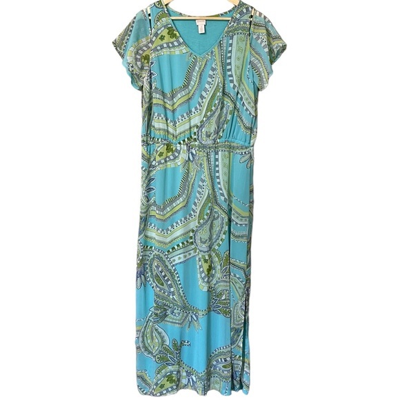 Chicos Blue Green and White Paisley Cold‎ Shoulder Modest Maxi Dress Size 2 or M - Picture 2 of 15